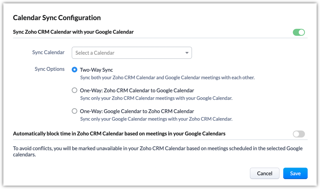 sync zoho crm and google calendar