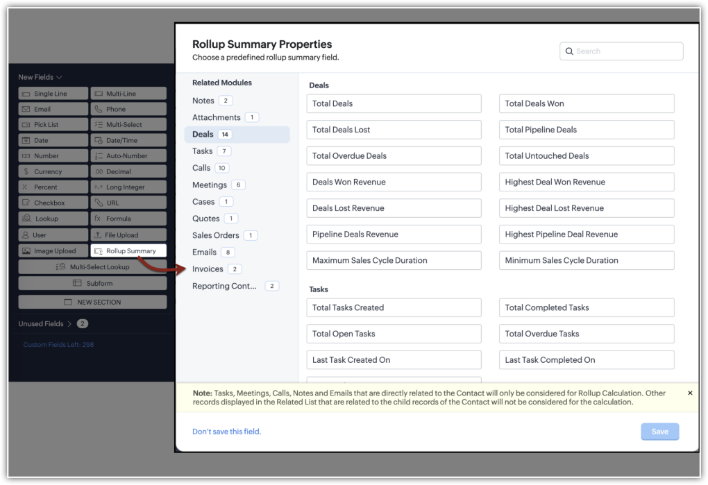 zoho crm rollup summary fields